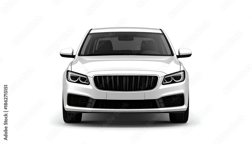 Naklejka premium Sedan car branding mockup front view isolated on white background. Ideal for corporate identity, automotive advertising, and fleet branding presentations.