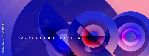 Abstract design features layered circles, vibrant blue, pink hues. Modern aesthetic, dynamic composition, suitable background element.