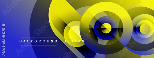 Abstract design features overlapping circles, vibrant blue, yellow gradients. Text reads background design. Modern, dynamic visual composition.
