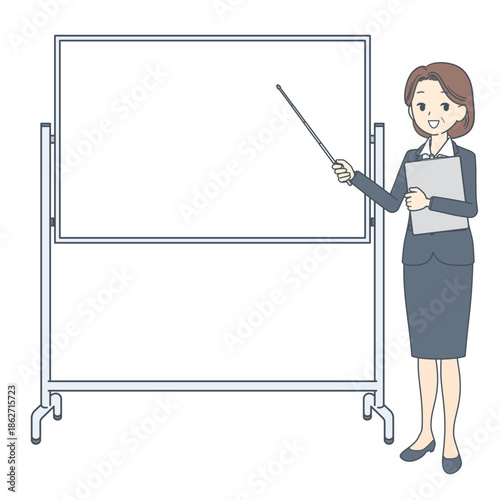 ホワイトボードの前に立つ、指示棒を持った中年のビジネスウーマンのイラスト