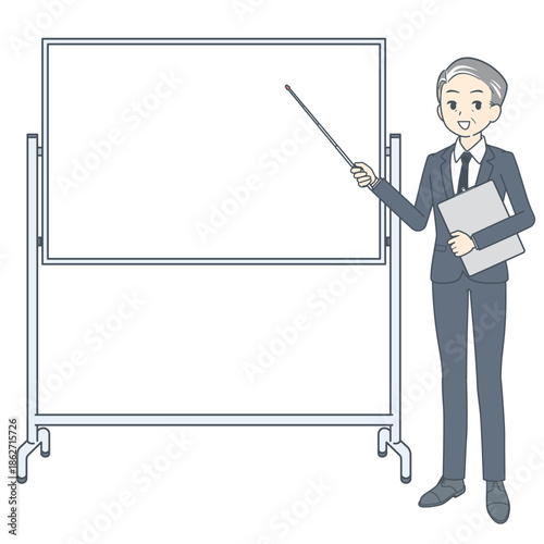 ホワイトボードの前に立つ、指示棒を持った中年のビジネスマンのイラスト