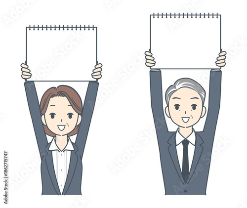 カンペを持つビジネスマンとビジネスウーマンのイラスト　上半身