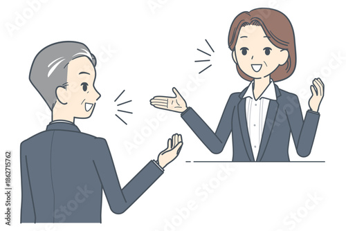 会話する中年のビジネスマンと中年のビジネスウーマンのイラスト　上半身　会議