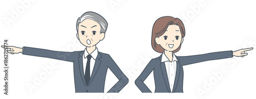 前方をまっすぐ指さす中年のビジネスマンとビジネスウーマンのイラスト 上半身