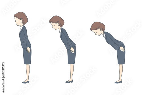 お辞儀をする角度のイラストセット　中年のビジネスウーマン