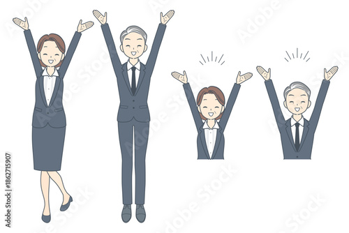 両手を挙げて喜ぶ中年のビジネスマンとビジネスウーマンのイラスト　セット　全身　上半身