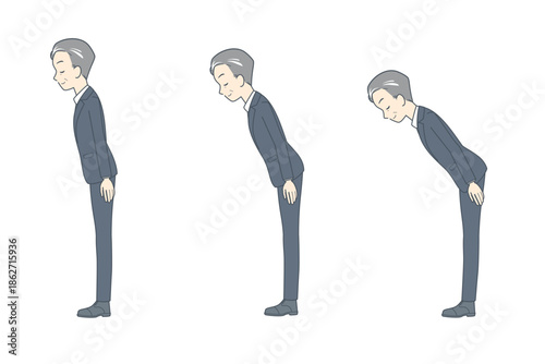 お辞儀をする角度のイラストセット　中年のビジネスマン