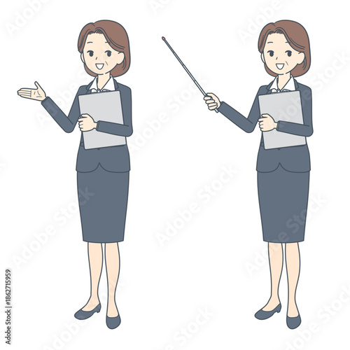 クリップボードを持って話す中年のビジネスウーマンのイラスト　2種
