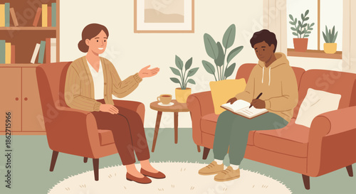A flat vector illustration showing a counsellor encouraging a client to write in a journal during a session. The client sits comfortably with a notebook, while the counsellor observes supportively. Co