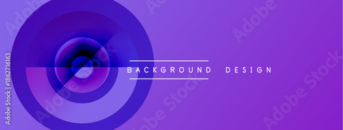Purple abstract design features concentric circles. Gradient shades create dynamic visual effect. Text reads background design. Minimalist composition.