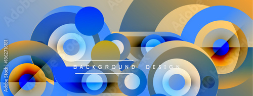 Abstract circles, vibrant colors, modern design. Overlapping shapes create dynamic visual texture. Background features blue, orange hues.