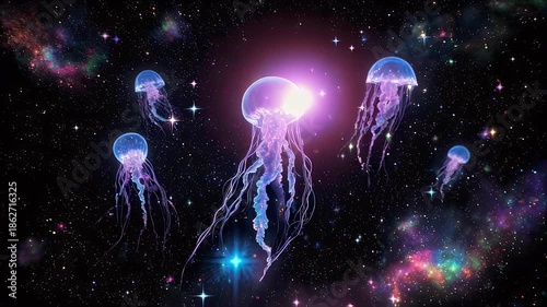 Glowing Jellyfish Swimming in Space.