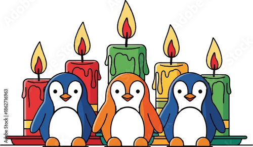 Three cartoon penguins sit in front of five colorful lit candles on a white background, creating a festive scene