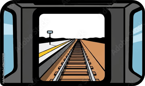 Stylized view from inside a train looking forward down straight railway tracks past a station platform