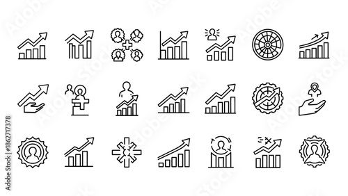 Collection of line art icons depicting growth, success, and professional development
