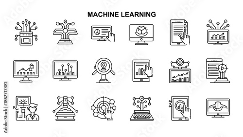 Collection of line art icons depicting machine learning concepts and technologies