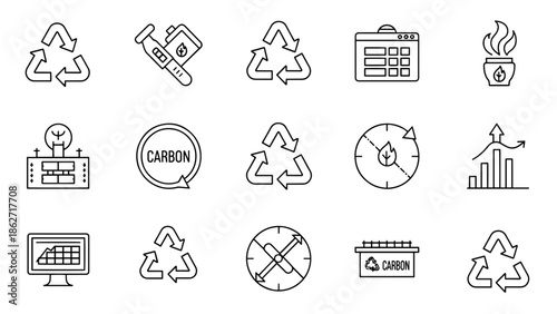 This illustration features an array of environmentally focused icons, depicting recycling symbols, energy, carbon, and growth related concepts