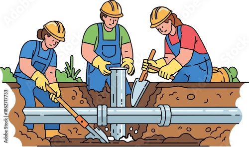 Three diverse construction workers in hard hats and overalls installing pipes in a dug-out trench