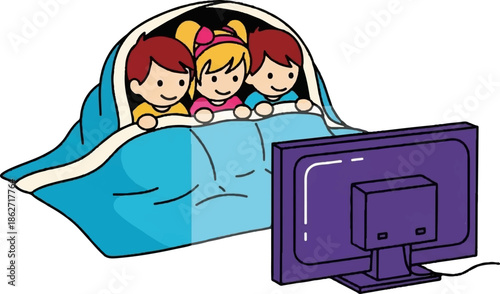 Three smiling cartoon children, two boys and one girl, under a blue blanket, watching television together