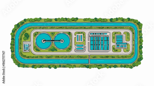 Top-down illustration of a water treatment facility with purification tanks, buildings, canals, and greenery