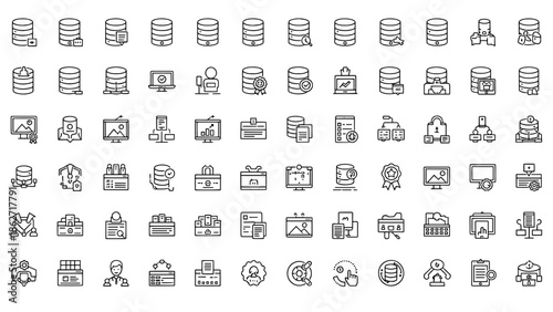 This image features a collection of 63 black and white icons. These icons depict database-related concepts and data management elements