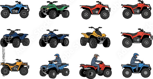 Twelve pixel art ATVs in different colors, some with helmeted riders, arranged on a white background