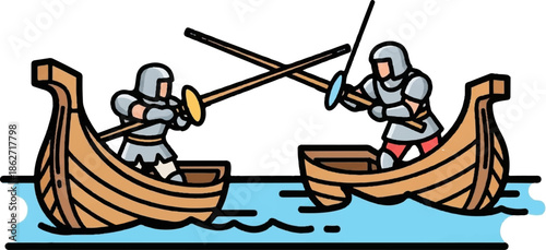 Two armored warriors in separate wooden boats on water are engaged in a sword fight