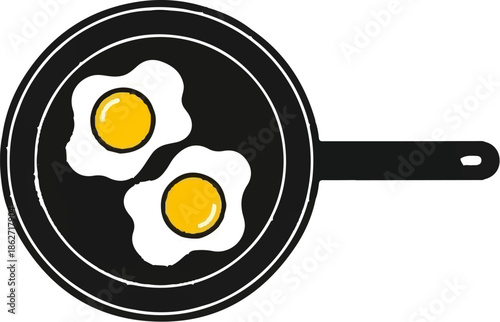Two fried eggs cooking in a black frying pan with a handle, simple flat illustration of a common meal