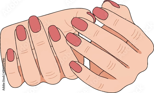 Two illustrated hands with pink painted nails, light skin, interacting gently, on a white background