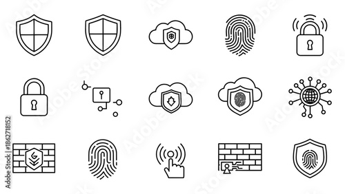 Collection of stylized, minimalistic digital icons. Contains shields, fingerprints, locks, cloud computing, and network security symbols