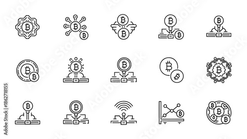 Collection of stylized monochrome icons, depicting a cryptocurrency concept, using a stylized "B" with various design elements