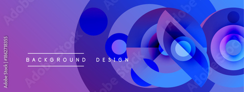 Abstract background features overlapping circles, gradients. Purple, blue hues dominate design, creating modern aesthetic. Text reads background design.