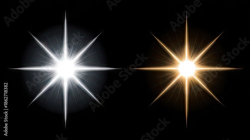 Abstract illustration of two shining starbursts against a dark background