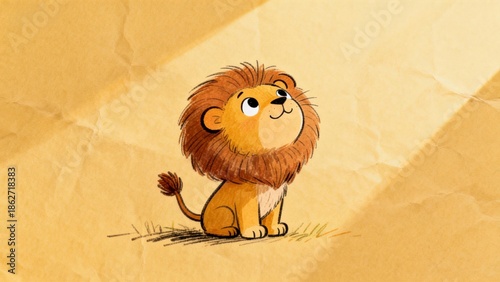 Cartoon illustration of a young lion sitting on a textured background with soft lighting