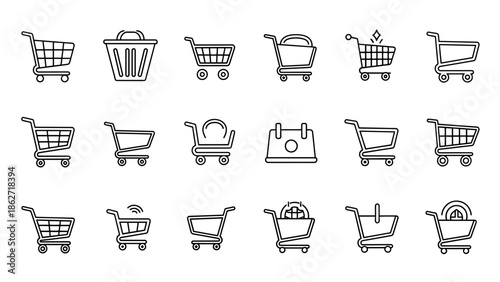 Collection of stylized shopping cart icons in black outlines, including various designs and variations for e-commerce or retail concepts
