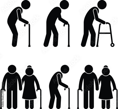 Elderly Person Walking With Cane Pictogram, Black Silhouette Icon