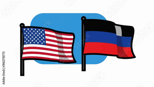 Two stylized flags, American and tricolor (black, blue, red), on poles against a blue background shape