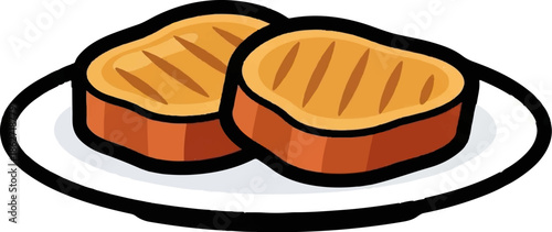 Two pieces of stylized grilled food, possibly meat or bread, with grill marks on a white plate