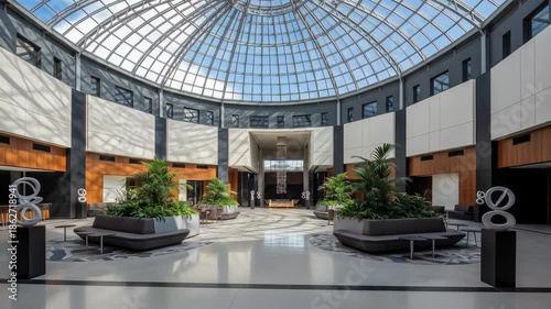 Large modern lobby interior with glass dome ceiling and indoor garden design
