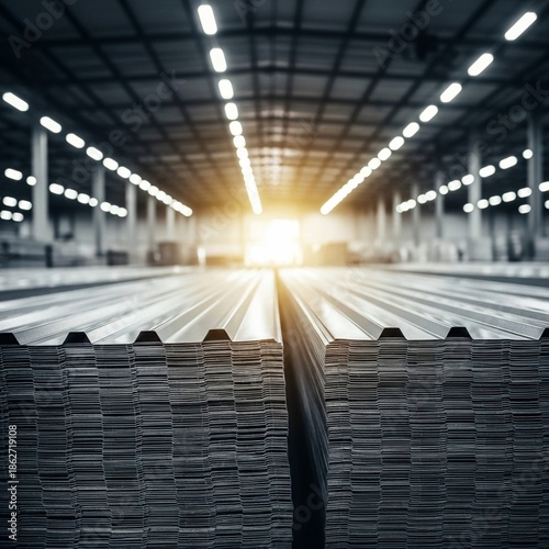 Corrugated Metal Sheets Stacked in Warehouse – Shiny Silver Roofing and Construction Material Ready for Sale