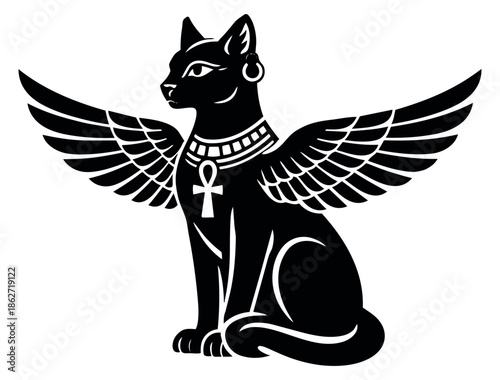 Ancient egyptian style illustration of a winged cat depicting the goddess bastet for cultural designs