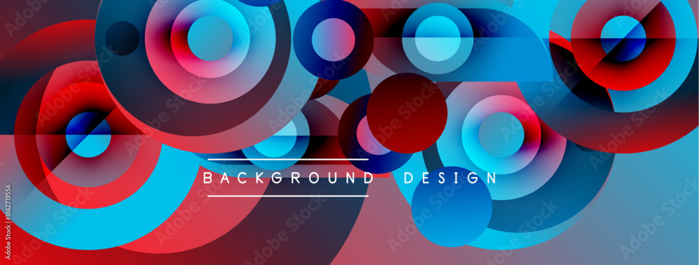 Fototapeta premium Abstract circles overlap, creating vibrant red, blue gradients. Text reads background design within composition. Modern, dynamic visual.