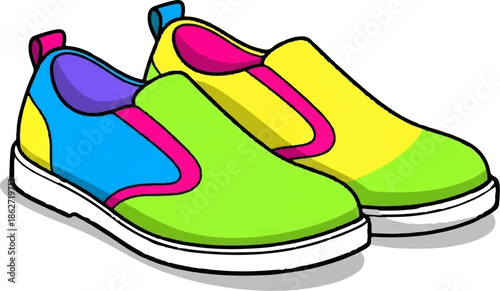 Two vibrant, cartoon-style slip-on shoes in a pair, featuring bright green, yellow, pink, blue, and purple