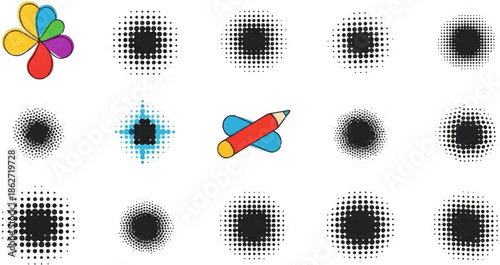Various halftone dot patterns and two colorful abstract illustrations a flower-like shape and a flying pencil