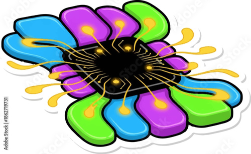 Vibrant abstract computer chip graphic with glowing connections radiating into colorful modules