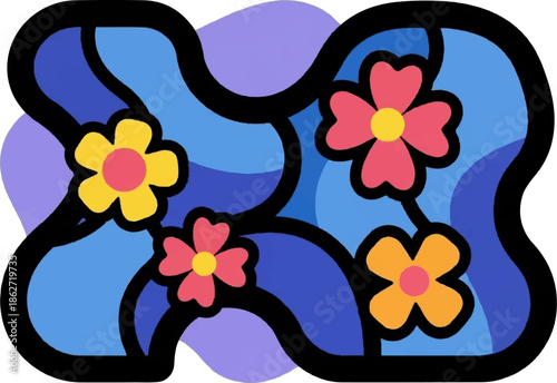 Vibrant, abstract floral illustration with bold outlines, colorful flowers, and flowing blue-purple background