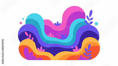 Vibrant abstract illustration with wavy organic shapes, stylized leaves, and colorful textured elements
