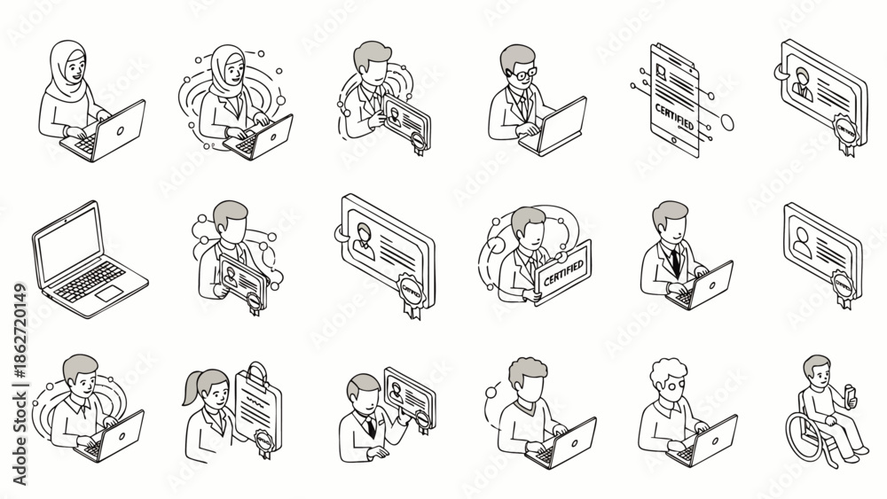 Fototapeta premium Isometric line art icons of diverse people using laptops, computers, and mobile devices for online work, communication, and digital social media.