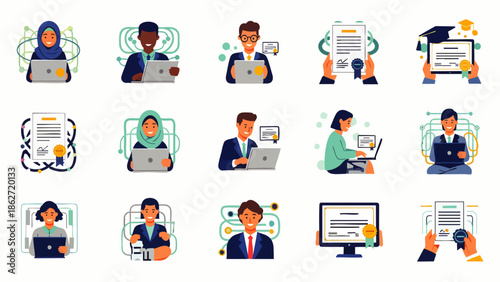 Diverse people engaged in online education, e-learning, and remote work, showcasing digital certification, academic achievement, and professional development.