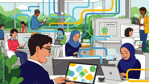 Diverse professionals collaborating in a modern open-plan office, utilizing technology and data flow for business innovation and certified processes.